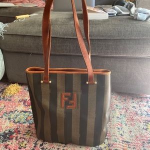 Vintage FENDI Pequin Two Tone Strips Leather Long Strap Shoulder Tote Bag